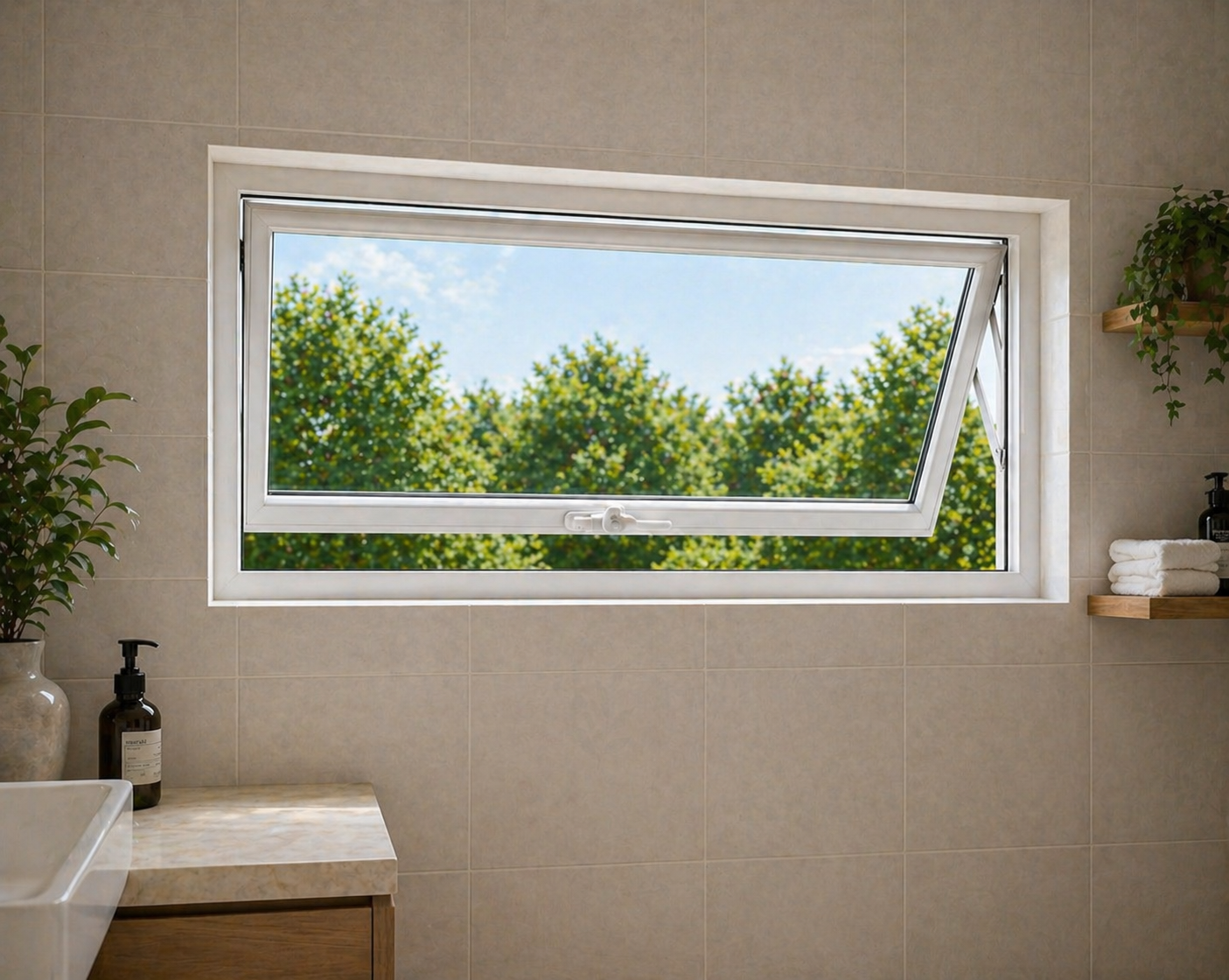 uPVC awning windows in Tamil Nadu – top-hinged design allows ventilation during rain, ideal for bathrooms and kitchens in Coimbatore